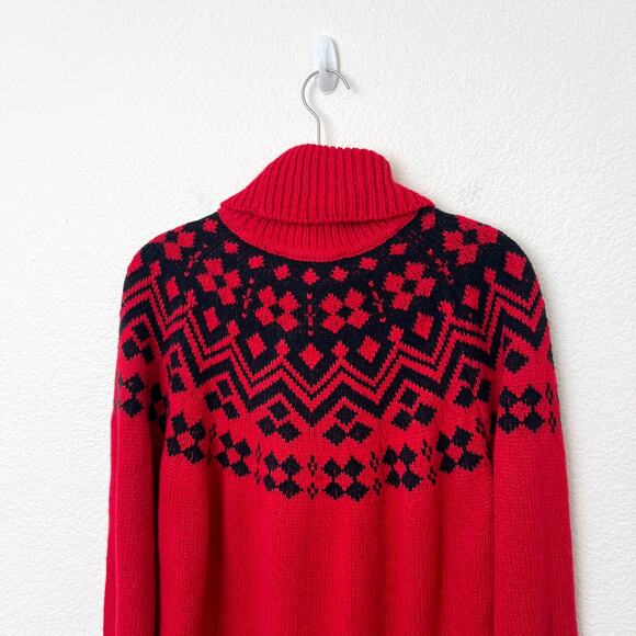 [Tommy Hilfiger] Red Black Fair Isle Nordic Print Chunky Turtleneck Sweater XL - Picture 5 of 12